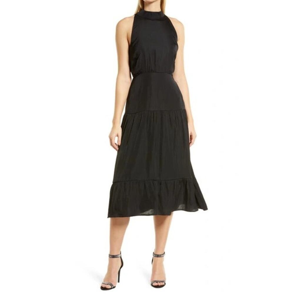 SAM EDELMAN Black High Neck Tiered Hem Midi Dress Womens 6 Sleeveless Formal - Picture 9 of 12